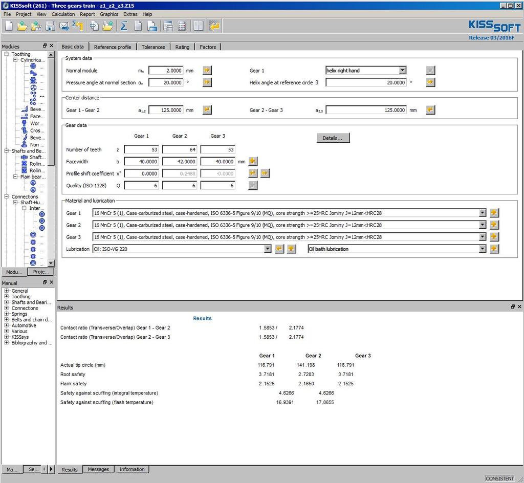 Obrázek 24 - Návrh soukolí v programu KISSSoft Obrázek 25 - Výsledky pro návrh soukolí Programem jsou pro zvolené hodnoty vypočteny rozměry ozubených kol, přepočtena korekce soukolí a ověřeno, zda