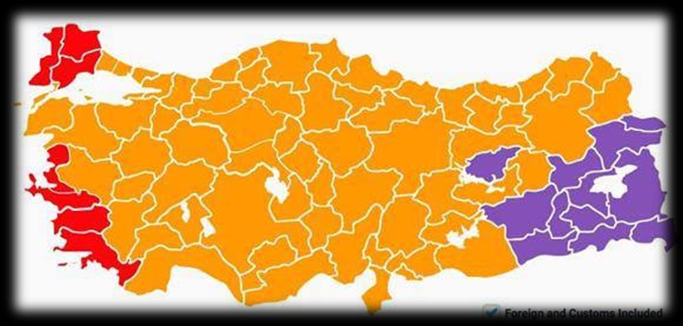 56 Žlutá = AKP, Červená = CHP, Fialová = HDP Příloha č. 7 - Parlamentní volby listopad 2015: vítězné strany v jednotlivých provinciích. (SOUAIAIA, A. E.