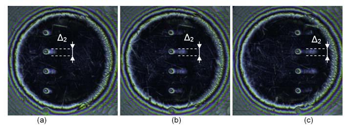 8.1.2 Experimenty při rozběhu třecích povrchů s cíleně modifikovanou topografií Stejná série chromatických interferogramů během rozběhu byla pořízena pro povrch s maticí mikrovtisků (Obr. 11).