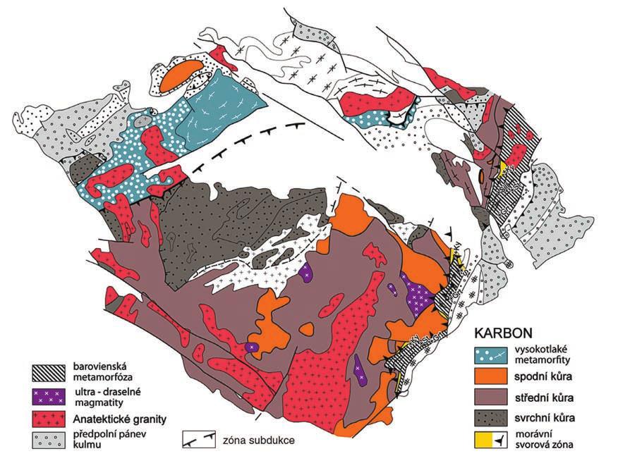 Geologie a nerostné suroviny Geodynamika vzniku Českého masivu 161 Metamorfní zóny a facie: Ky kyanitová zóna, St staurolitová zóna, amfibolitová facie, Grt granulitová facie, Bt facie modrých