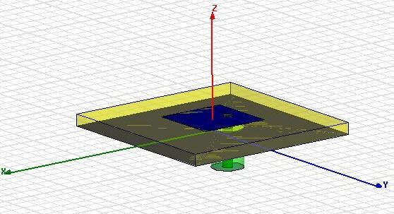 Obr. 2.2: Model lineárně polarizovaného flíčku v Ansys HFSS. Obr. 2.3: Kmitočtová závislost činitele odrazu u navržené flíčkové antény.