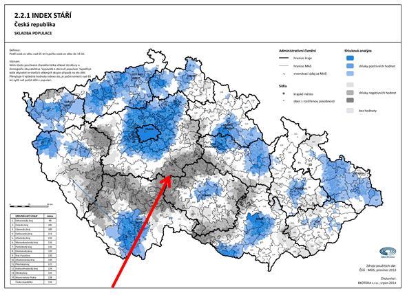 Na kartogramu je znázorněn index stáří, který pro území MAS Blaník dosahuje hodnoty 135. To znamená 135 obyvatel nad 65 let na 100 obyvatel do 14 let věku.