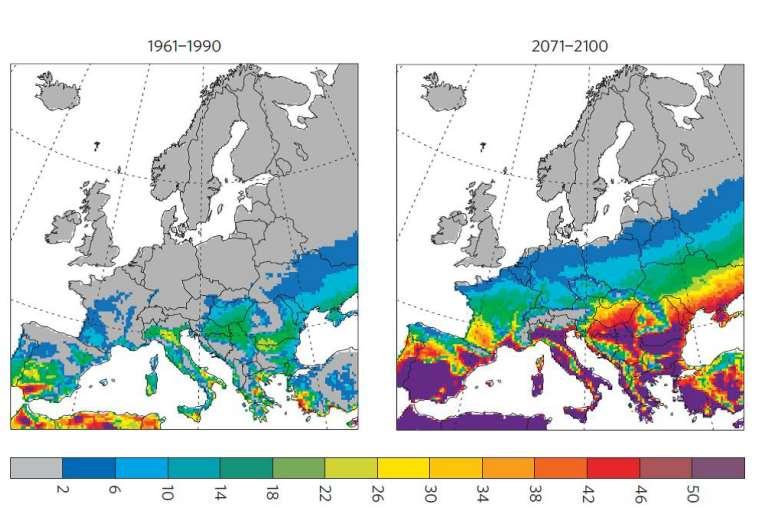 Srovnání počtu tropických dnů v letech 1961-1990 oproti předpokladu v letech 2071-2100