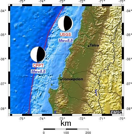 Chilské zemětřesení 27.2.2010 CPPT: čas: 6:34 35.8 j.š. 72.7 z.d. hloubka: 35km magnitudo: 8.8 UG: čas: 6:35:28 35.8 j.š. 72.5 z.d. hloubka: 30km magnitudo: 8.