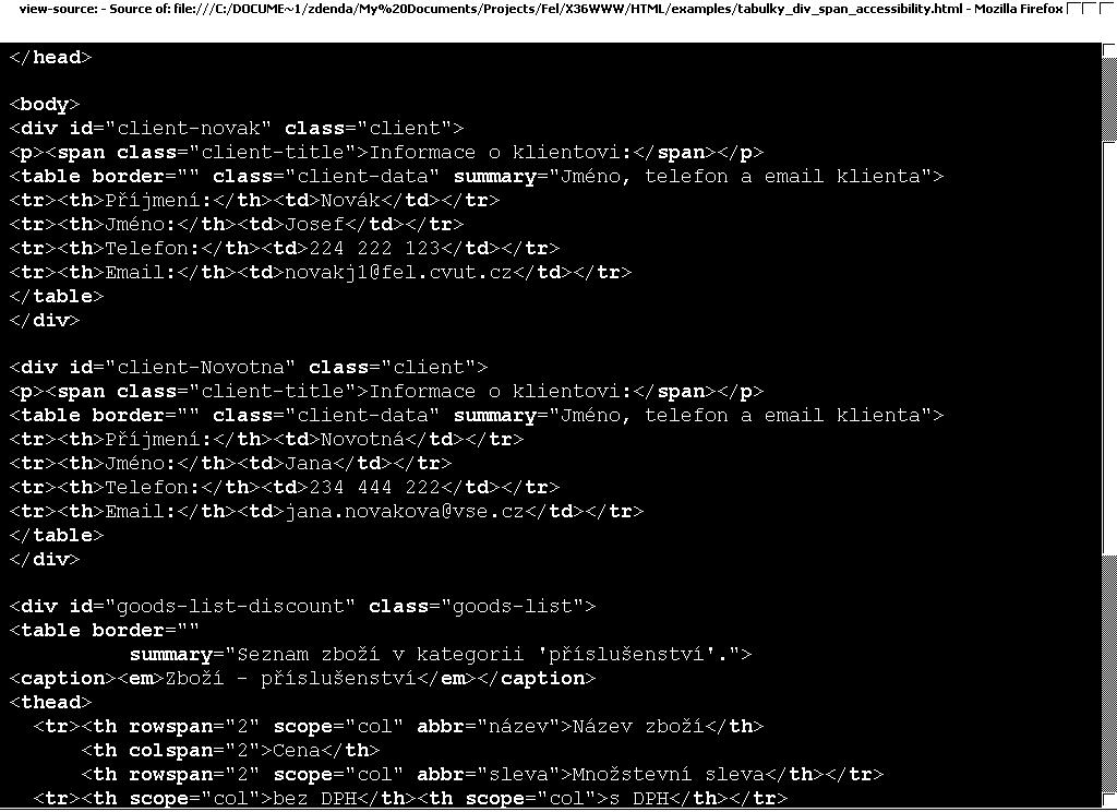 Struktura HTML dokumetu členění
