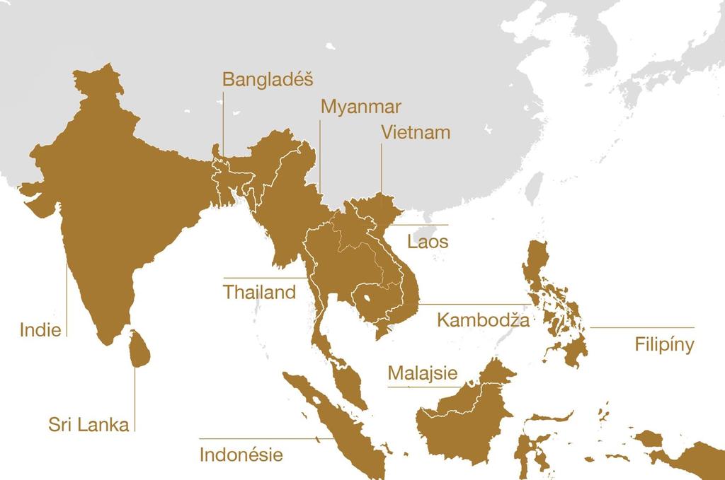 Těžiště portfolia v jižní Asii / jihovýchodní Asii (ASEAN) OBYVATELSTVO (2017) Cílový region Asie: 2 118 mil. Česká republika: 10,6 mil.