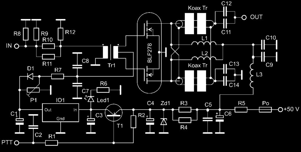 Obr. 2.59: Výsledky simulace vstupního, výstupního činitele přizpůsobení, dále parametru S11 a S22. Obr. 2.60: Elektrické schéma zapojení VF části experimentálního zesilovače 1-50 MHz s ovládáním PTT.