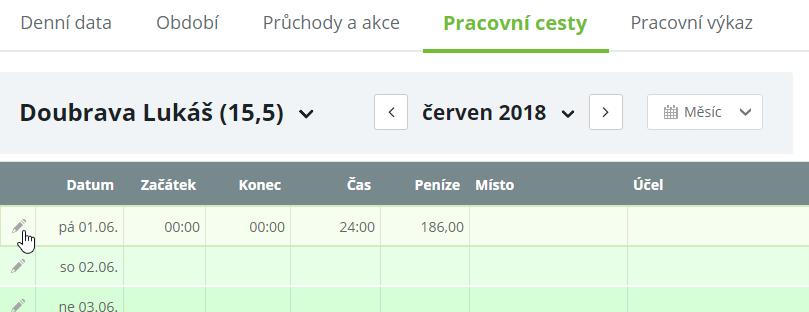 záložce Pracovní cesty.