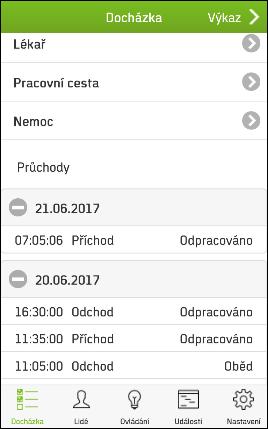 Registrace docházky mobilní aplikace Pro pracovníky v terénu je navržena mobilní aplikace, která nedisponuje takovými možnostmi jako cloudová aplikace, ale pro evidenci docházky mimo prostory firmy