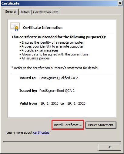 V okně s informacemi certifikátu je možné tento