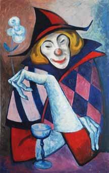 298 297 297 Karel Oberthor (1921 1996) Smutný harlekýn olej, sololit, 80 x 50,3 cm, monogr. PD K. O., na zadní straně štítek s popisem, žák prof. I.