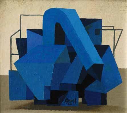 30 Vlastimil Beneš (1919 1981) Modrý kombajn 30 olej, karton, 1968, 21 x 18 cm, sign. PDU Beneš V 68, rám, vzadu popsáno, štítek s popisem.