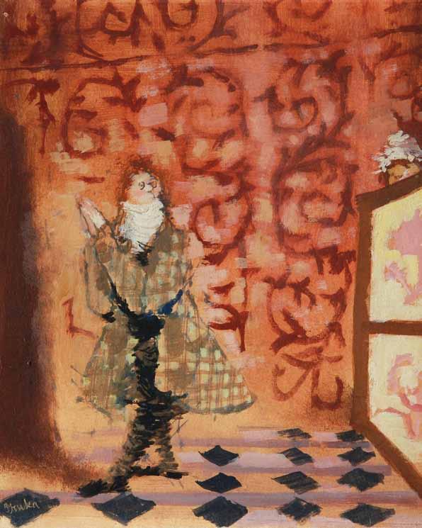 32 32 Jiří Trnka (1912 1969) Muž na zámku kvaš, papír, 40. léta, 24,5 x 20 cm, sign. PD Trnka, rám, ověřeno Janem Trnkou, synem autora, pravost potvrdila PhDr. R. Michalová, Ph.D.; ilustrace ke sbírce Gogolových povídek, která nebyla nikdy vydána.