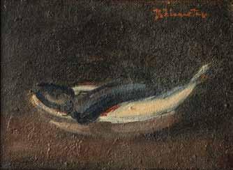 72 72 Andrej Bělocvětov (1923 1997) Zátiší s rybou olej, sololit, 24 x 33 cm, sign. PD Bělocvětov, rám, žák J.
