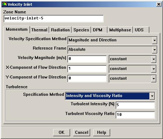 Vstup/výstup tekutiny 10 Momentum Turbulence K and Epsilon Intensity and Length Scale