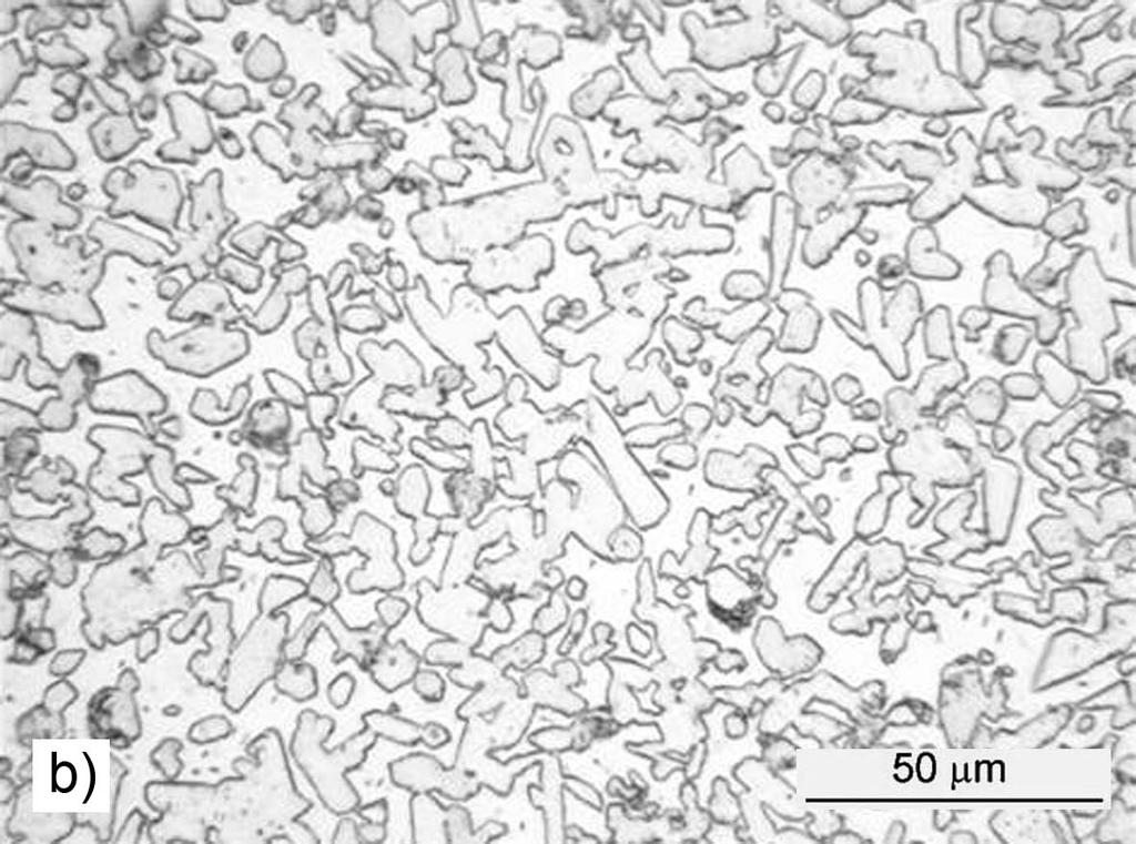 METAL 2009 Obr.4. Mikrostruktura slitiny TiAl20Si15: a) před žíháním, b) po 300 h žíhání při teplotě 1000 C. Fig.4. Microstructure of TiAl20Si15 alloy: a) before annealing, b) after 300 h annealing at 1000 C.