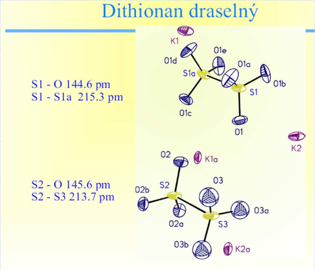 Síra sloučeniny - oxokyseliny s vazbou S S Dithionany M 2 S 2 O 6 Lze je získat oxidací SO 2 slabšími oxidačními činidly (ve vodném prostředí), MnO 2 +