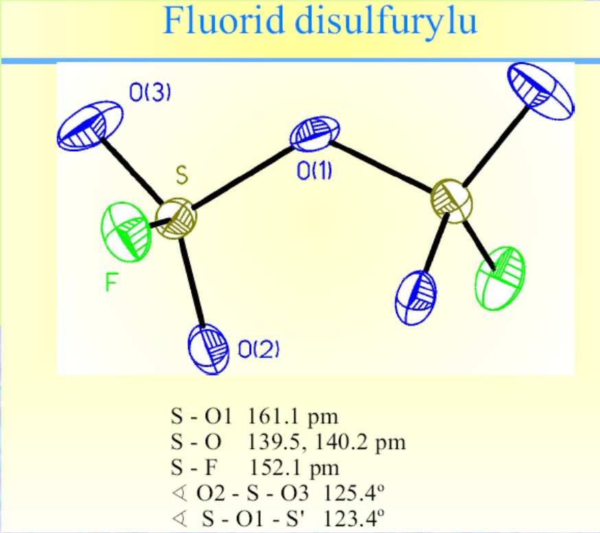 Síra sloučeniny - halogenidy síry Halogenidy kyseliny sírové halogenidy sulfurylu SO 2 F 2 (plyn, t.varu -55 o C) SO 2 Cl 2 (kapalina, t.varu 69 o C).