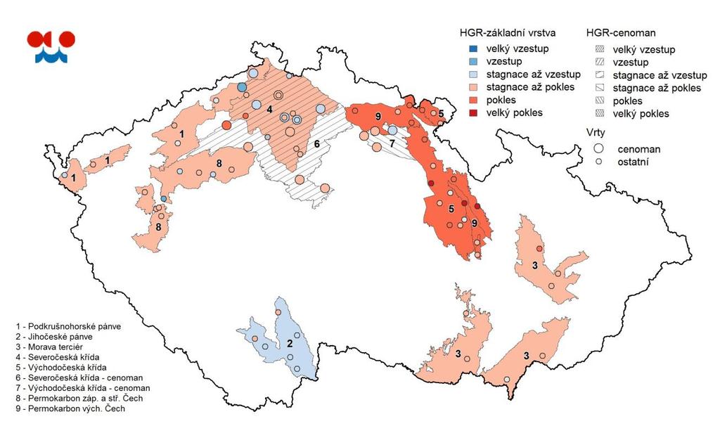 Mapa: Změna hladin v hlubokých vrtech v