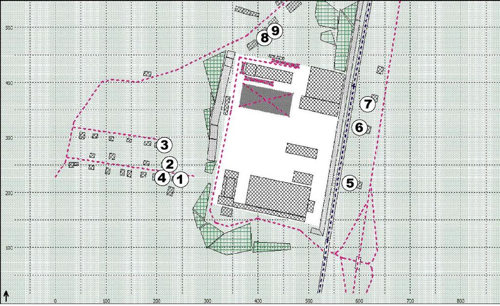 Obr. 24: Pozice výpočtových bodů Z modelových výpočtů vyplývá, že v důsledku realizace záměru dojde ve všech výpočtových bodech v denní době k mírnému zvýšení hlučnosti o 0,2 1,8 db.