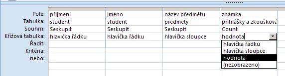 Tím určíme, že řádky budoucí křížové tabulky budou tvořeny příjmením a jménem studenta, bude jich jen tolik, kolik studentů se zúčastnilo zkoušky (v našem případě jich bude jen 6). 2.