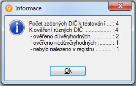 Pokud se ověření provede nad více subjekty (případně nad více doklady, viz níže), pak se zobrazí zjednodušená informace o ověření: Nedůvěryhodní plátci DPH (9.3.