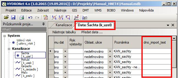 Obr. 109 Tabulka K_UZEL s rozšířenou strukturou o sloupec dno_import_text V hlavní nabídce menu GIS Přiřazení/agregace dat se otevře dialogové okno Přiřazení nebo agregace atributových dat (viz Obr.