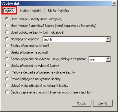 1.10.9.2 Výběry (uložení, načtení) dat pomocí již definovaných funkcí V hlavní nabídce menu Nástroje Kanalizace Výběry dat se otevře o dialogové okno Výběry dat - Výběry (viz Obr.