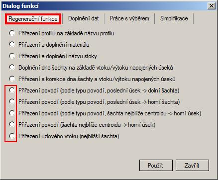 1.11.3 Napojení systémových dat (povodí, uzlových vtoků) V hlavní nabídce menu Nástroje Kanalizace Dialog funkcí otevře dialogové okno, kde na záložce Regenerační funkce (viz Obr.