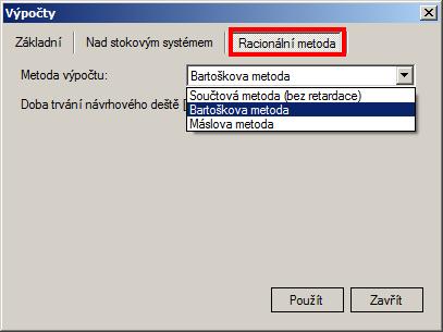 1.15.4 Výpočet racionální metodou V hlavní nabídce menu Nástroje Kanalizace Výpočty Racionální metoda se otevře dialogové okno Výpočty Racionální metoda (viz Obr. 264) pro výběr metody Obr.