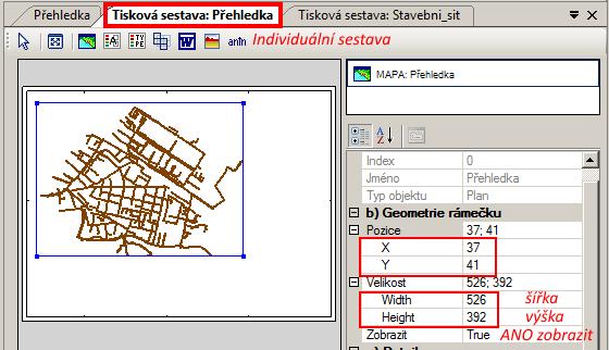 1.16.2.5 Zobrazení a umístění rámečku vložené vrstvy Pozice a velikost rámečku (okna) vložené vrstvy je zadaná v datasetu b) Geometrie rámečku, kde se dá upravovat pozice a velikost rámečku (okna).