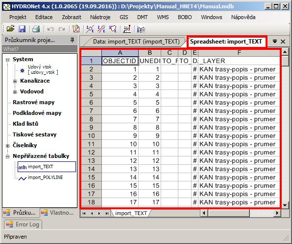 1.6.9 Export zobrazené tabulky do Excelu Na nástrojové liště pro tabulku kliknout levým tlačítkem myši na Předat data, otevře se nová tabulka Spreadsheet (viz Obr.