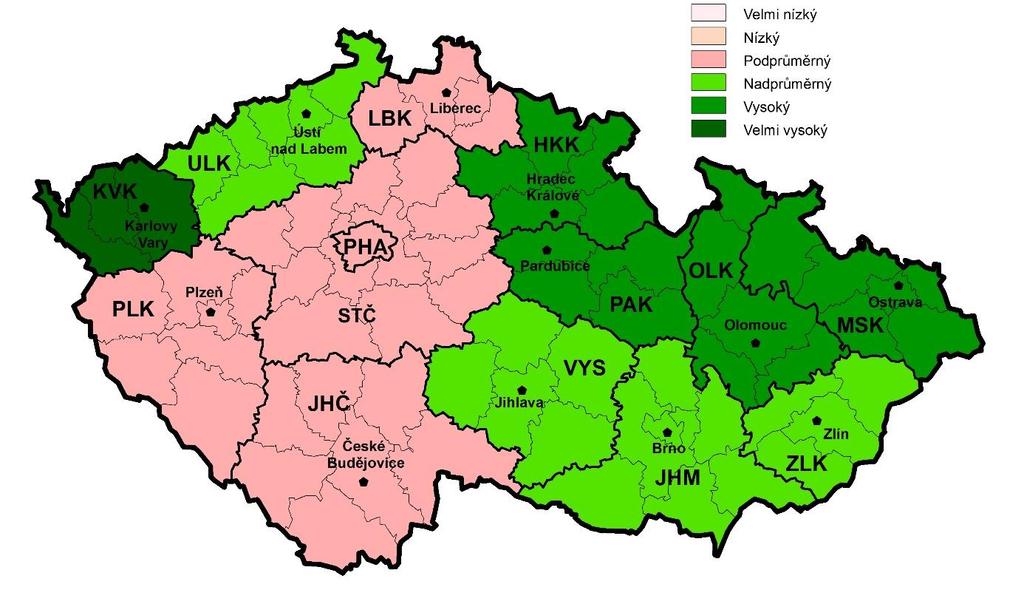 To je patrné i v relaci struktury rozložení jednotlivých odvětví v krajích.