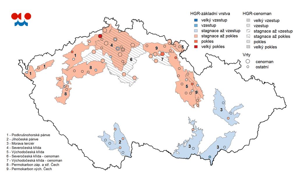 Mapa: Změna hladin v hlubokých vrtech v září 2018, srovnání s předchozím měsícem. E.