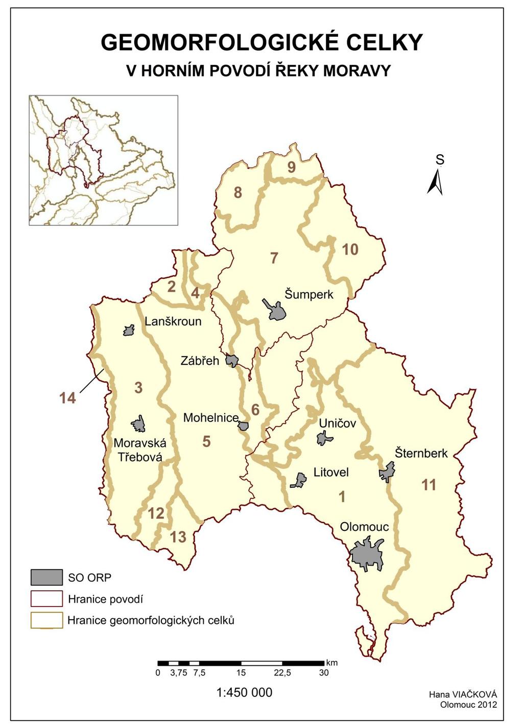 Příloha 2: Mapa geomorfologických celků v horním povodí řeky Moravy Geomorfologické celky: 1 Hornomoravský úval, 2 Orlické hory, 3 Podorlická pahorkatina, 4 Kladská kotlina, 5 Zábřežská vrchovina, 6