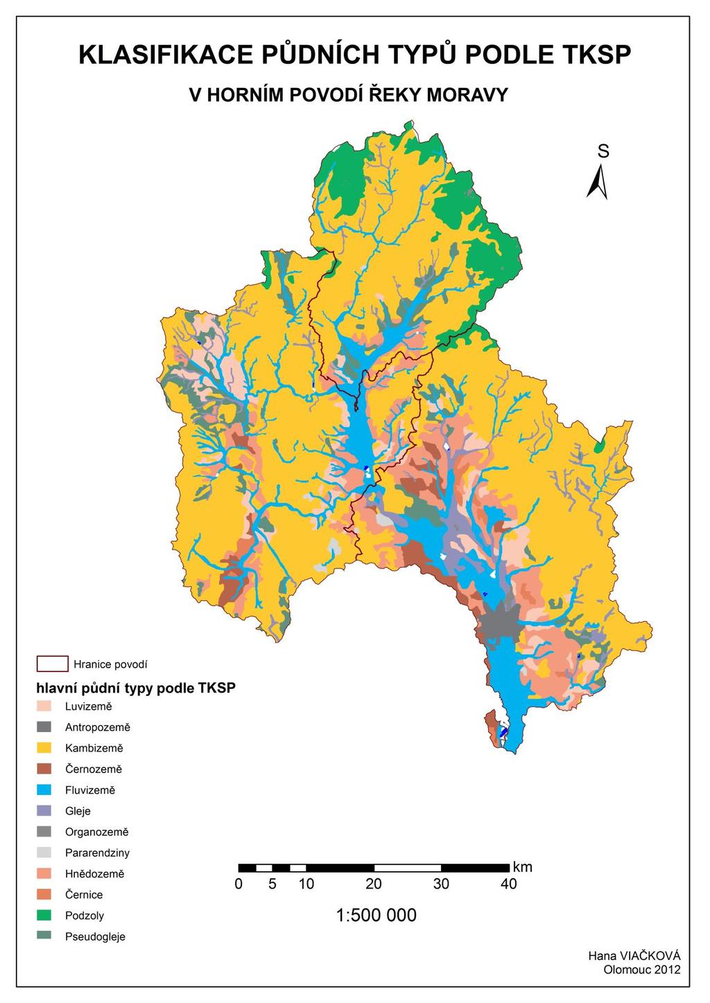 Příloha 3: Mapa půdních typů podle TKSP v horním povodí řeky Moravy Podklad: Národní geoportál