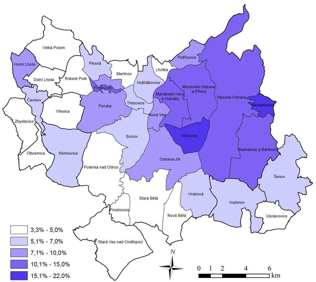 Obrázek č. 1: Podíl nezaměstnaných osob v okrese Ostrava podle jednotlivých obcí a městských obvodů (v %) k 31. 12.