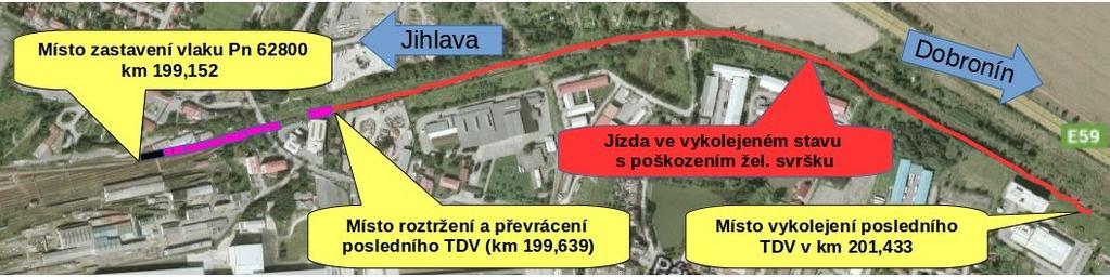 tohoto TDV. Souprava s vykolejeným, původně předposledním TDV, ujela dráhu 201 m, kdy zůstalo stát vykolejené v km 199,438. Obr. č. 2: Schéma místa MU Zdroj: mapy.