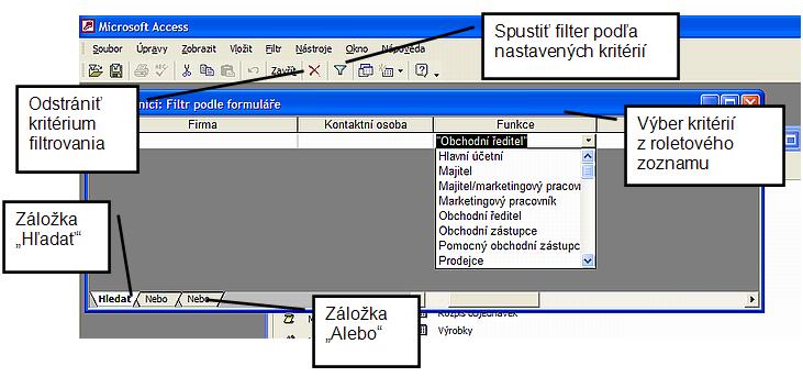 Formulár obsahuje karty Hľadať a Alebo. Ak na karte Hľadať nastavíme dve kritériá, tak tie platia pre hľadané údaje súčasne, avšak kritériá na karte Alebo sú alternatívou pre vyhľadávanie.