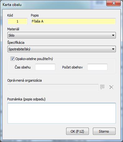 7.1. Založenie novej karty obalu Evidencia sa vede za každý druh obalu. Aby bola evidencia v programe prehľadná, môžete si najskôr nadefinovať tzv. karty obalov. Karta obalu.