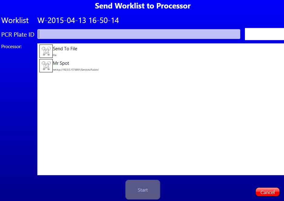 2. V dialogovém okně vyberte buď: Pošli soubor Send to file nebo vyberte přístroj MR.SPOT ze seznamu a vyberte Start. 2a) Pošli soubor (Send to file): i. Vyberte místo k uložení souboru. ii.