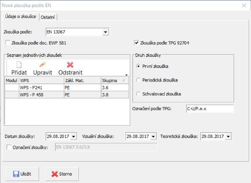 62 obr. 6 - po zadání dvou jednotlivýck zkoušek, před uložením záznamu Po kliknutí na tlačítko "Uložit" bude zkouška podle EN 13067 uložena do databáze.