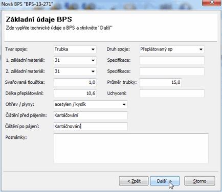 3 - základní údaje BPS Po zadání údajů klikněte na tlačítko "Další" a zobrazí se strana s technickými parametry postupu BPS (obr. 4).