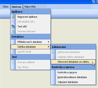 92 Databáze se obnovuje z menu "Nástroj e -> Údržba databáze -> Obnovení databáze" (obr. 3). Pokud před obnovením neodstraníte původní databázi, obnovení skončí chybou (obr.