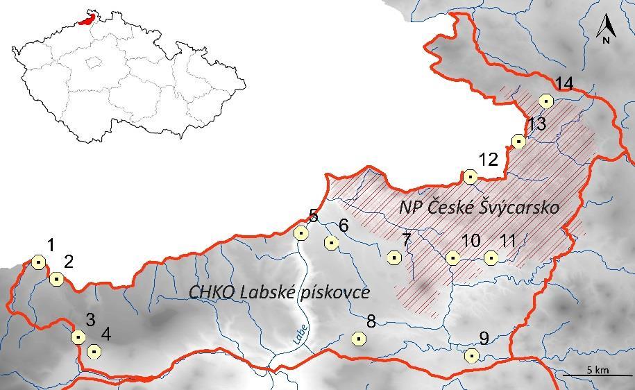 Obr. 1. Zaniklé obce nebo jejich části a mlýny na území CHKO Labské pískovce: 1. Hladov, 2. Rájec, Nový Dvůr, 3. Tisá, 4. Havraní, 5. Dolní Žleb, 6.