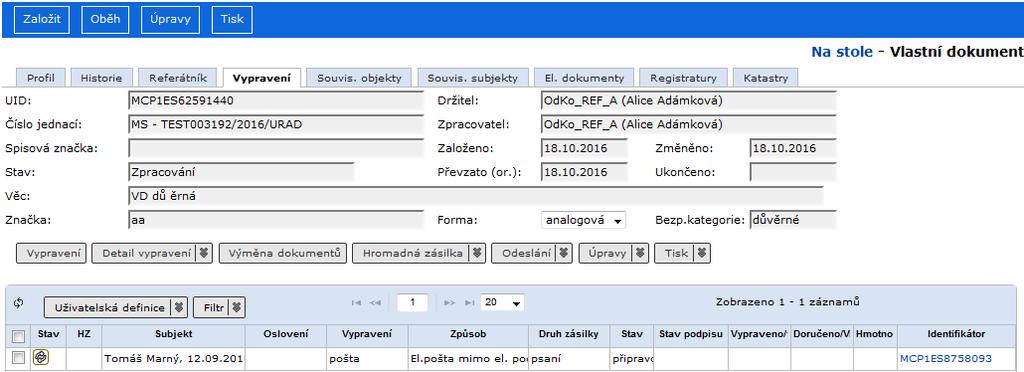 Referent možnost (Aktualizovat obsah XML dokumentu) v integrovaném panelu nástrojů. Po stisknutí se zaktualizuje obsah zaškrtnutého el. dokumentu. 4.6.