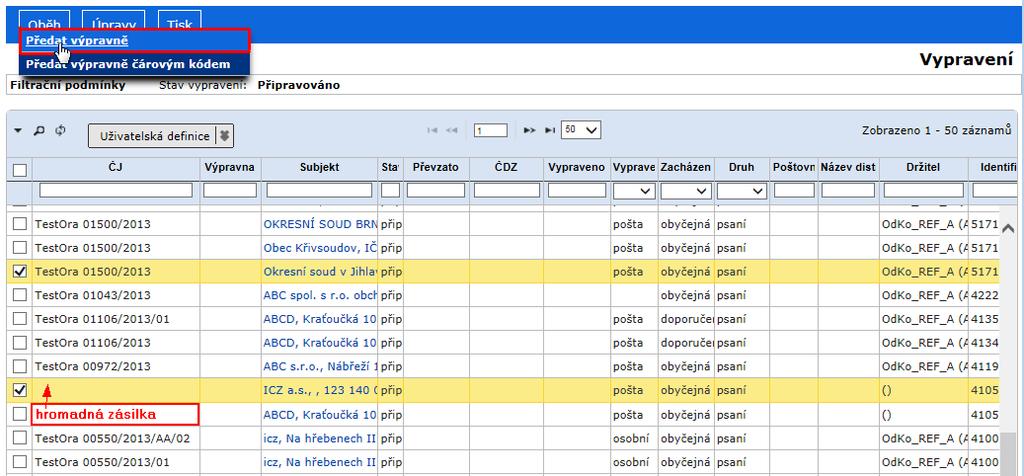 RSV.docx Hromadné předání vypravení výpravně Ve filtru nad složkou zadejte v položce stav vypravení dokumentů "Připravováno".