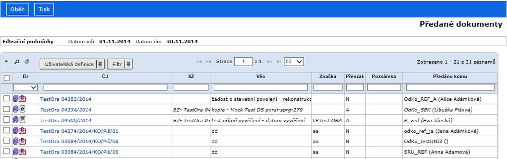 Referent Kurzívou záznamy (dokumenty a spisy, ne oběhové kopie), jejichž jste předchozím držitelem, tzn. již převzatá předání. Zobrazte přehled složky (Základní / Předané).