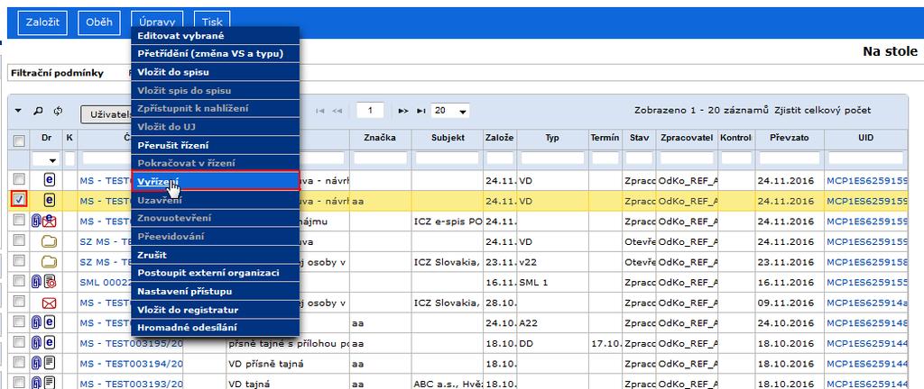 RSV.docx Poznámka: Tato funkčnost je často automatická - po ukončení zpracování vrátí externí aplikace dokument do SpS sama, příkaz menu není v takovém případě aktivní. 4.17.