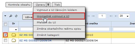 . V Vyjmutí spisu / dokumentu z ukládací jednotky Spisy / dokumenty je možné z UJ vyjmout.